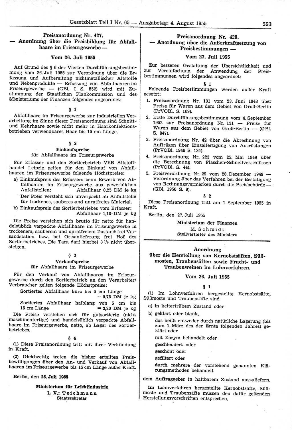 Gesetzblatt (GBl.) der Deutschen Demokratischen Republik (DDR) Teil Ⅰ 1955, Seite 553 (GBl. DDR Ⅰ 1955, S. 553)
