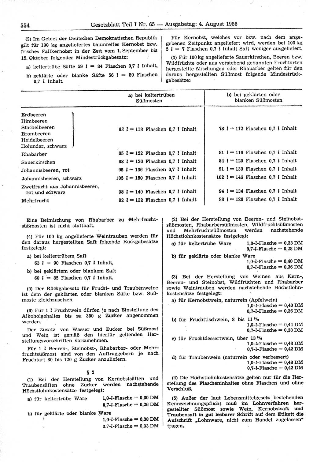 Gesetzblatt (GBl.) der Deutschen Demokratischen Republik (DDR) Teil Ⅰ 1955, Seite 554 (GBl. DDR Ⅰ 1955, S. 554)