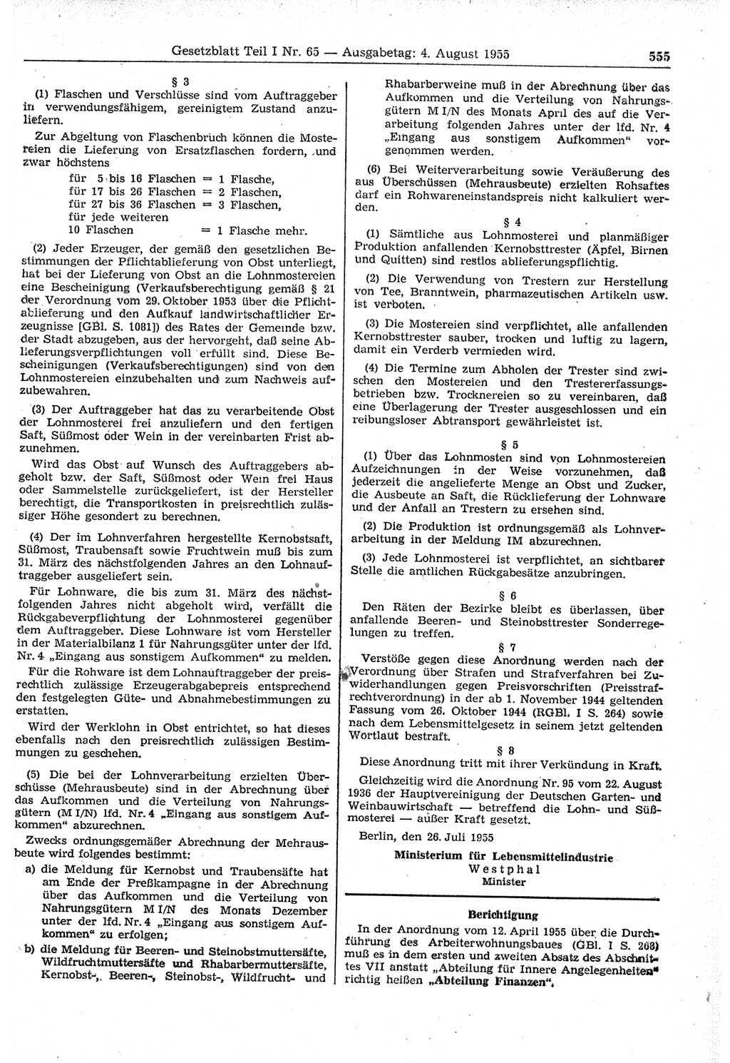 Gesetzblatt (GBl.) der Deutschen Demokratischen Republik (DDR) Teil Ⅰ 1955, Seite 555 (GBl. DDR Ⅰ 1955, S. 555)