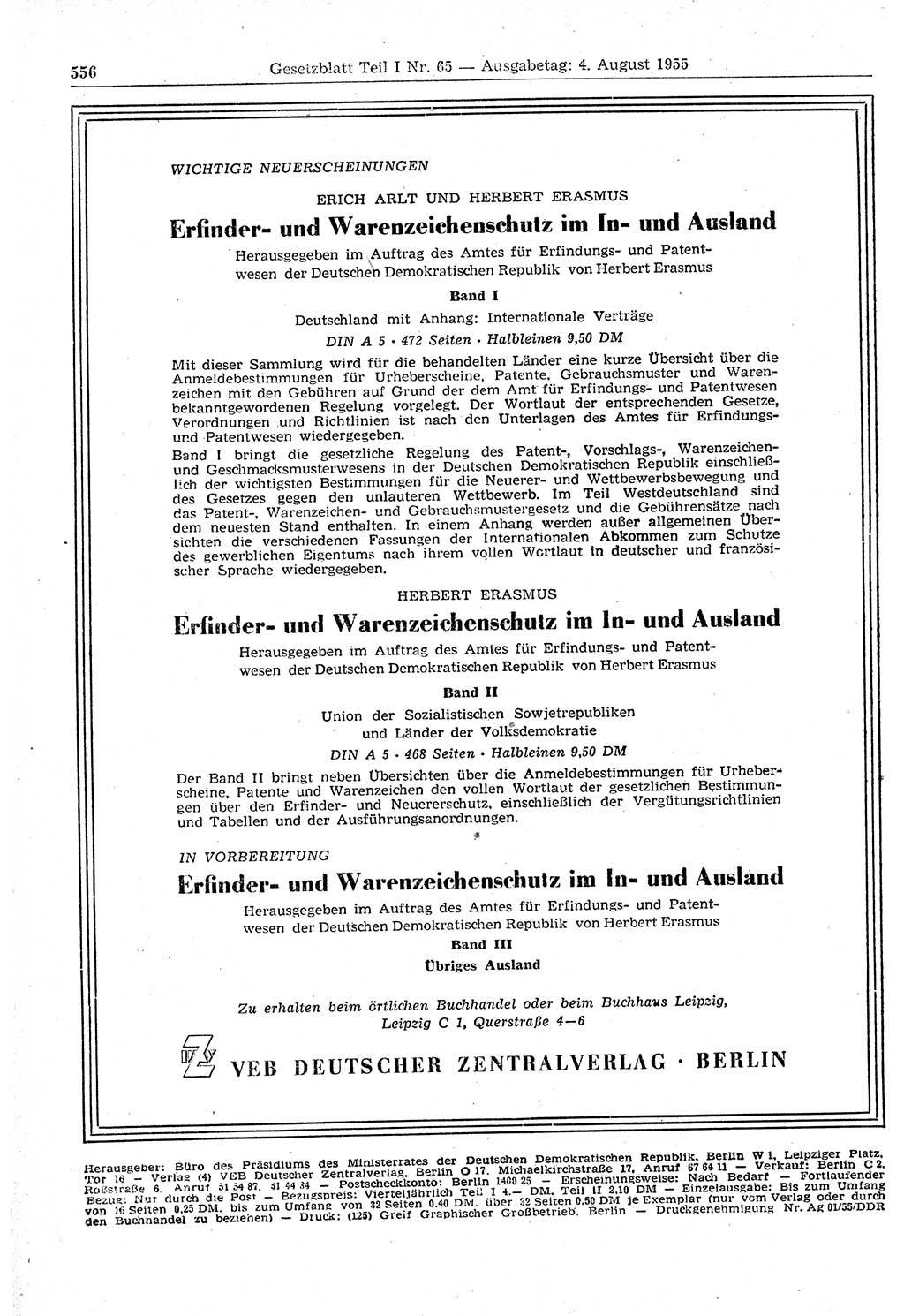 Gesetzblatt (GBl.) der Deutschen Demokratischen Republik (DDR) Teil Ⅰ 1955, Seite 556 (GBl. DDR Ⅰ 1955, S. 556)