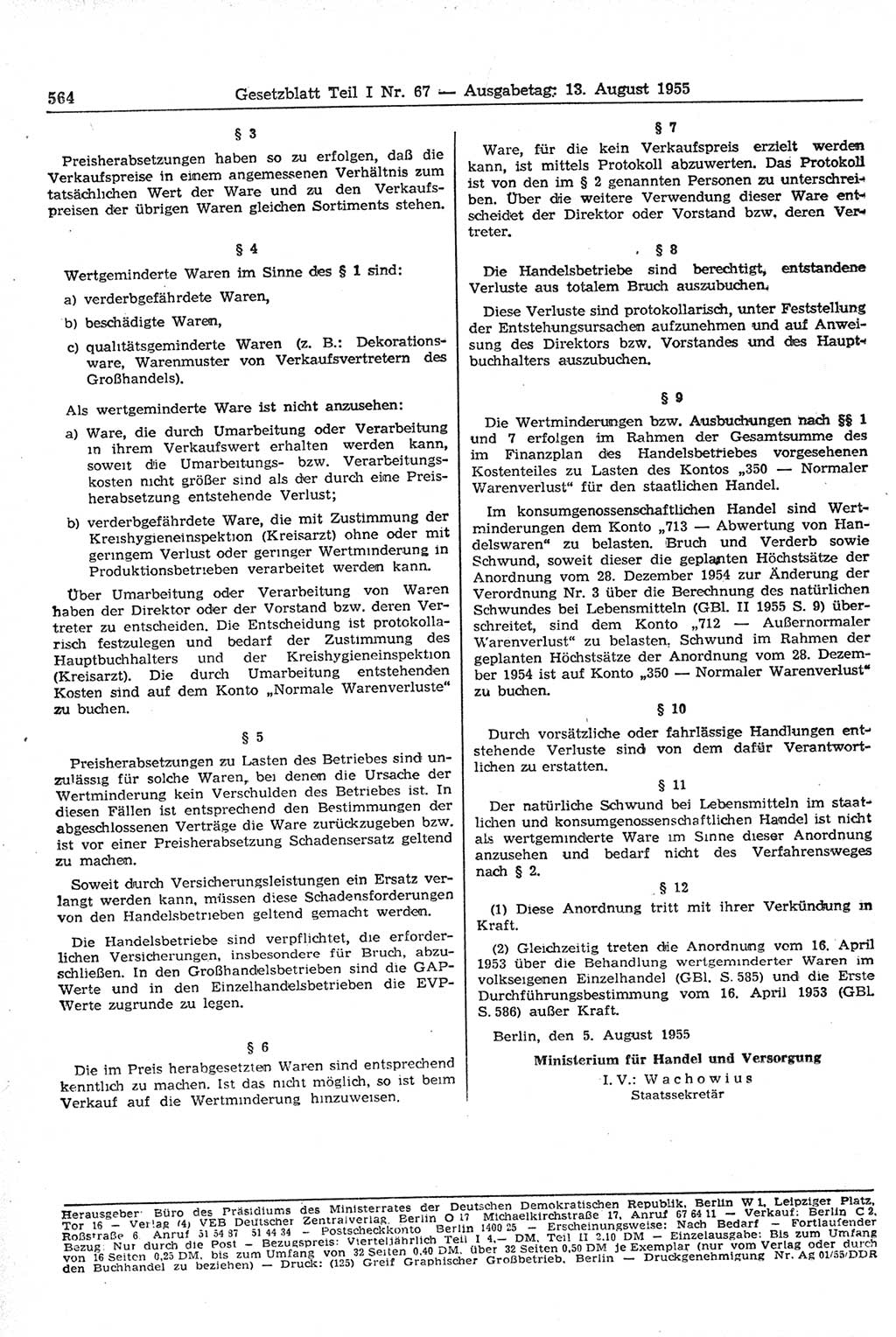 Gesetzblatt (GBl.) der Deutschen Demokratischen Republik (DDR) Teil Ⅰ 1955, Seite 564 (GBl. DDR Ⅰ 1955, S. 564)