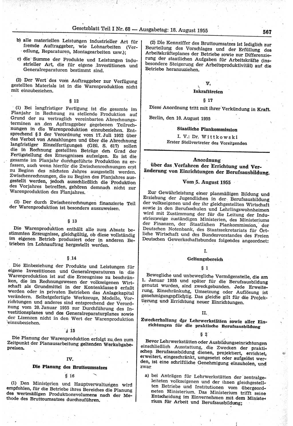 Gesetzblatt (GBl.) der Deutschen Demokratischen Republik (DDR) Teil Ⅰ 1955, Seite 567 (GBl. DDR Ⅰ 1955, S. 567)