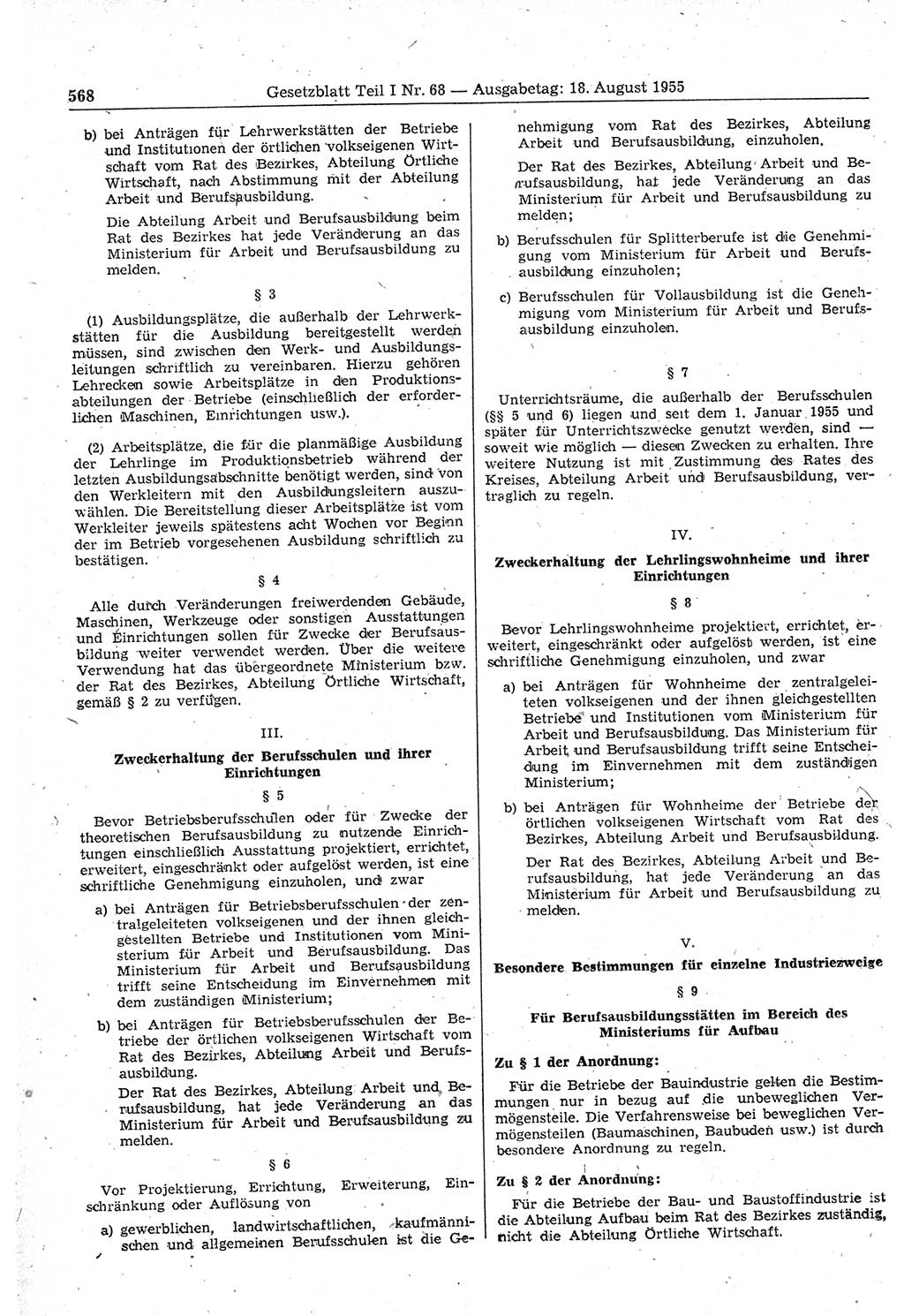 Gesetzblatt (GBl.) der Deutschen Demokratischen Republik (DDR) Teil Ⅰ 1955, Seite 568 (GBl. DDR Ⅰ 1955, S. 568)