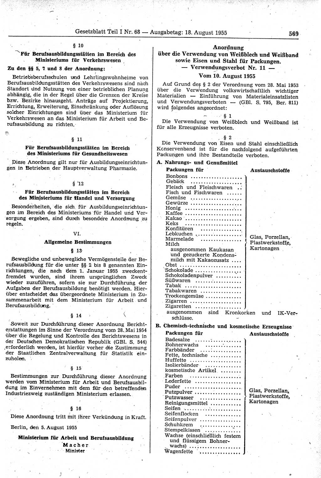 Gesetzblatt (GBl.) der Deutschen Demokratischen Republik (DDR) Teil Ⅰ 1955, Seite 569 (GBl. DDR Ⅰ 1955, S. 569)