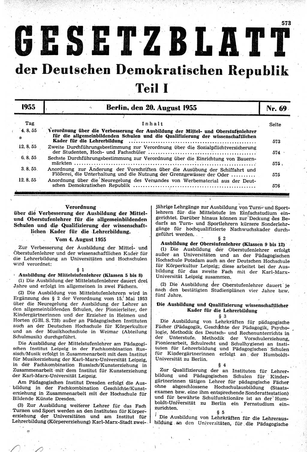 Gesetzblatt (GBl.) der Deutschen Demokratischen Republik (DDR) Teil Ⅰ 1955, Seite 573 (GBl. DDR Ⅰ 1955, S. 573)
