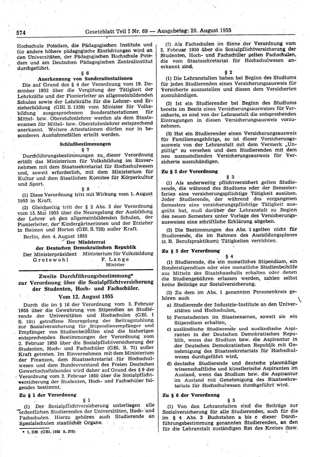 Gesetzblatt (GBl.) der Deutschen Demokratischen Republik (DDR) Teil Ⅰ 1955, Seite 574 (GBl. DDR Ⅰ 1955, S. 574)