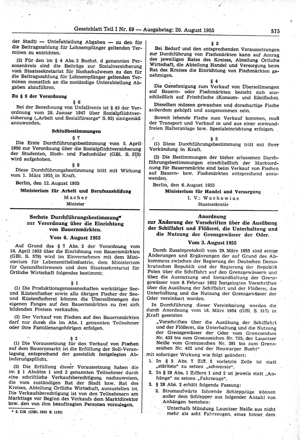 Gesetzblatt (GBl.) der Deutschen Demokratischen Republik (DDR) Teil Ⅰ 1955, Seite 575 (GBl. DDR Ⅰ 1955, S. 575)