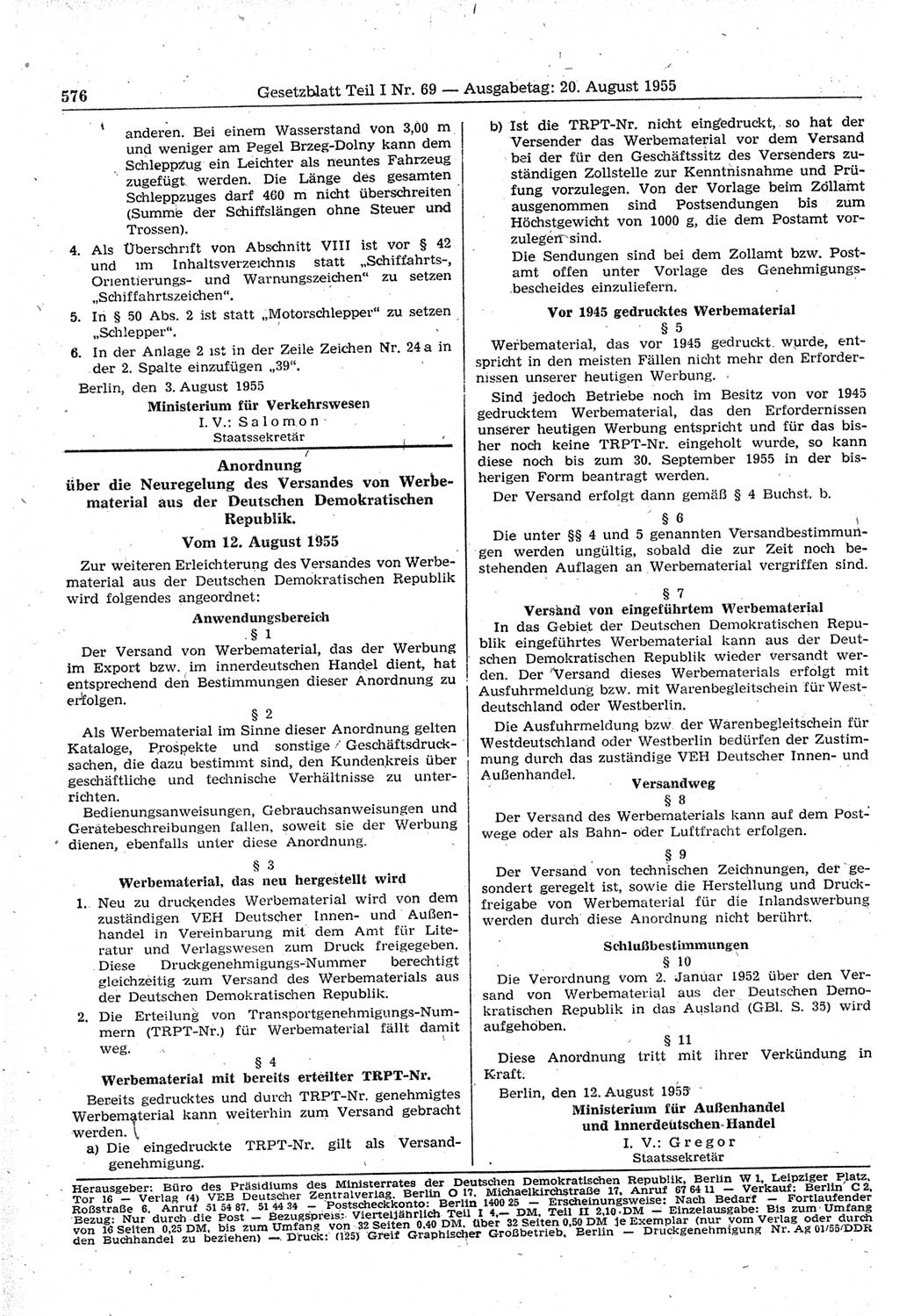 Gesetzblatt (GBl.) der Deutschen Demokratischen Republik (DDR) Teil Ⅰ 1955, Seite 576 (GBl. DDR Ⅰ 1955, S. 576)