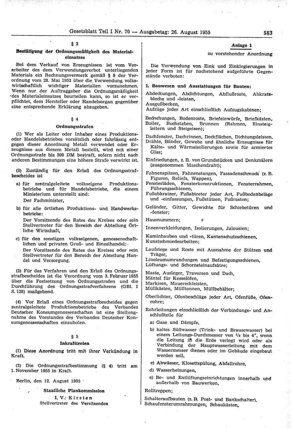 Gesetzblatt (GBl.) der Deutschen Demokratischen Republik (DDR) Teil Ⅰ 1955, Seite 583 (GBl. DDR Ⅰ 1955, S. 583)