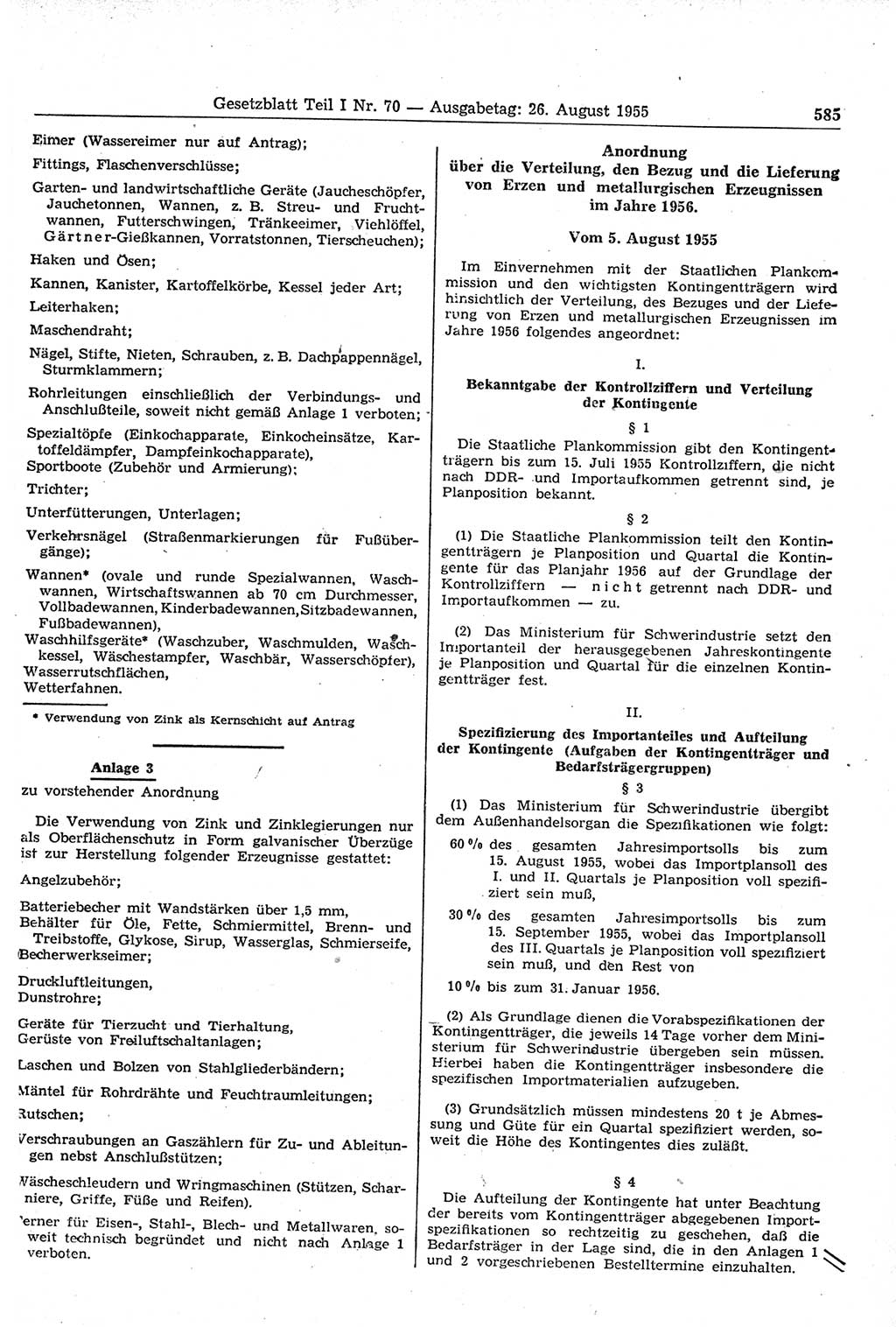 Gesetzblatt (GBl.) der Deutschen Demokratischen Republik (DDR) Teil Ⅰ 1955, Seite 585 (GBl. DDR Ⅰ 1955, S. 585)