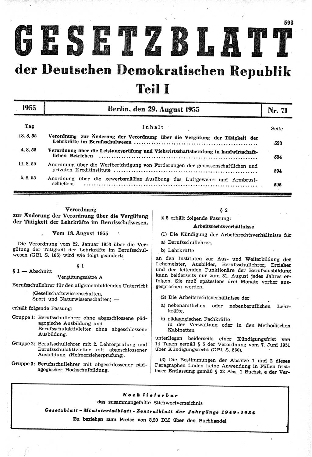 Gesetzblatt (GBl.) der Deutschen Demokratischen Republik (DDR) Teil Ⅰ 1955, Seite 593 (GBl. DDR Ⅰ 1955, S. 593)