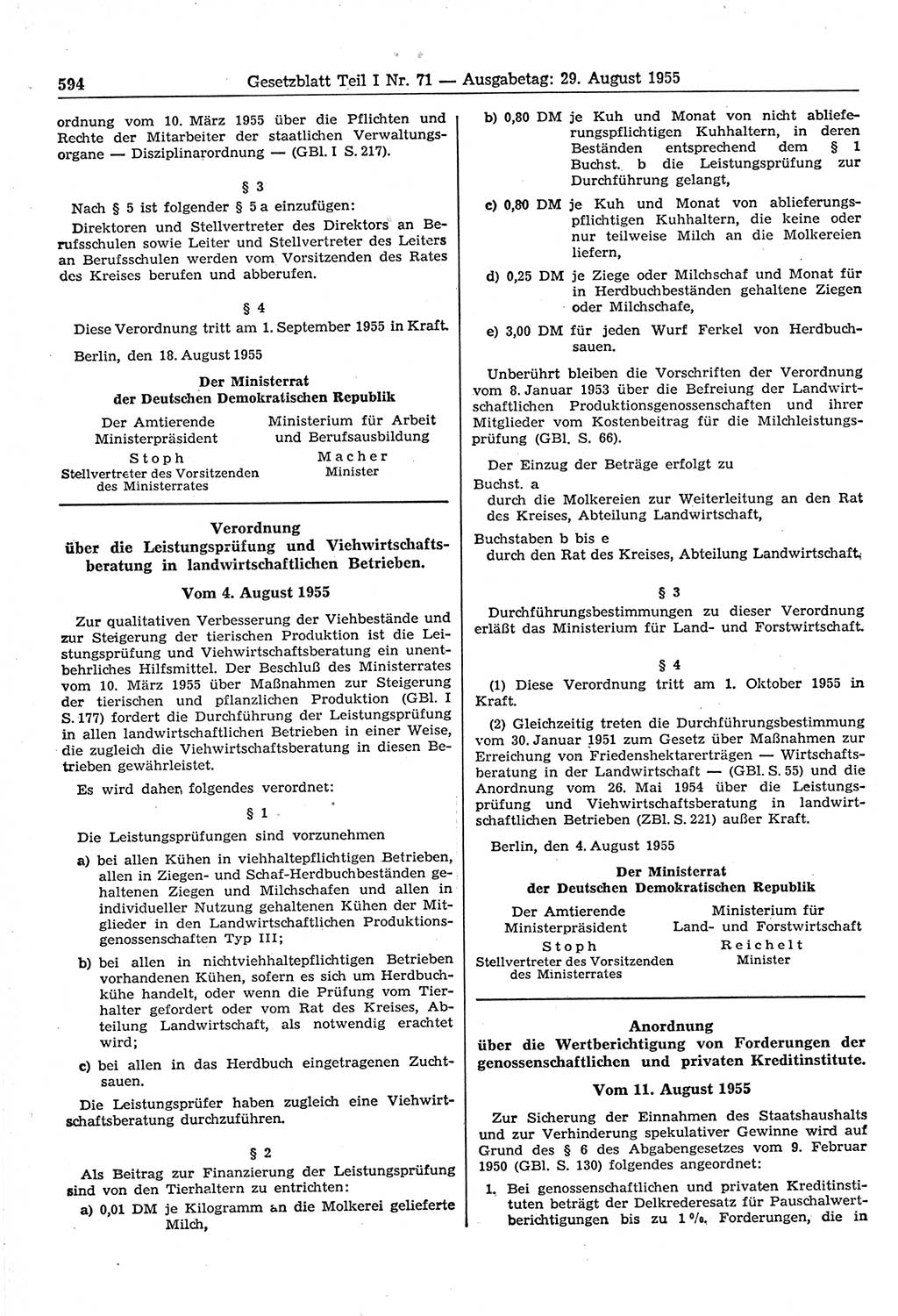 Gesetzblatt (GBl.) der Deutschen Demokratischen Republik (DDR) Teil Ⅰ 1955, Seite 594 (GBl. DDR Ⅰ 1955, S. 594)
