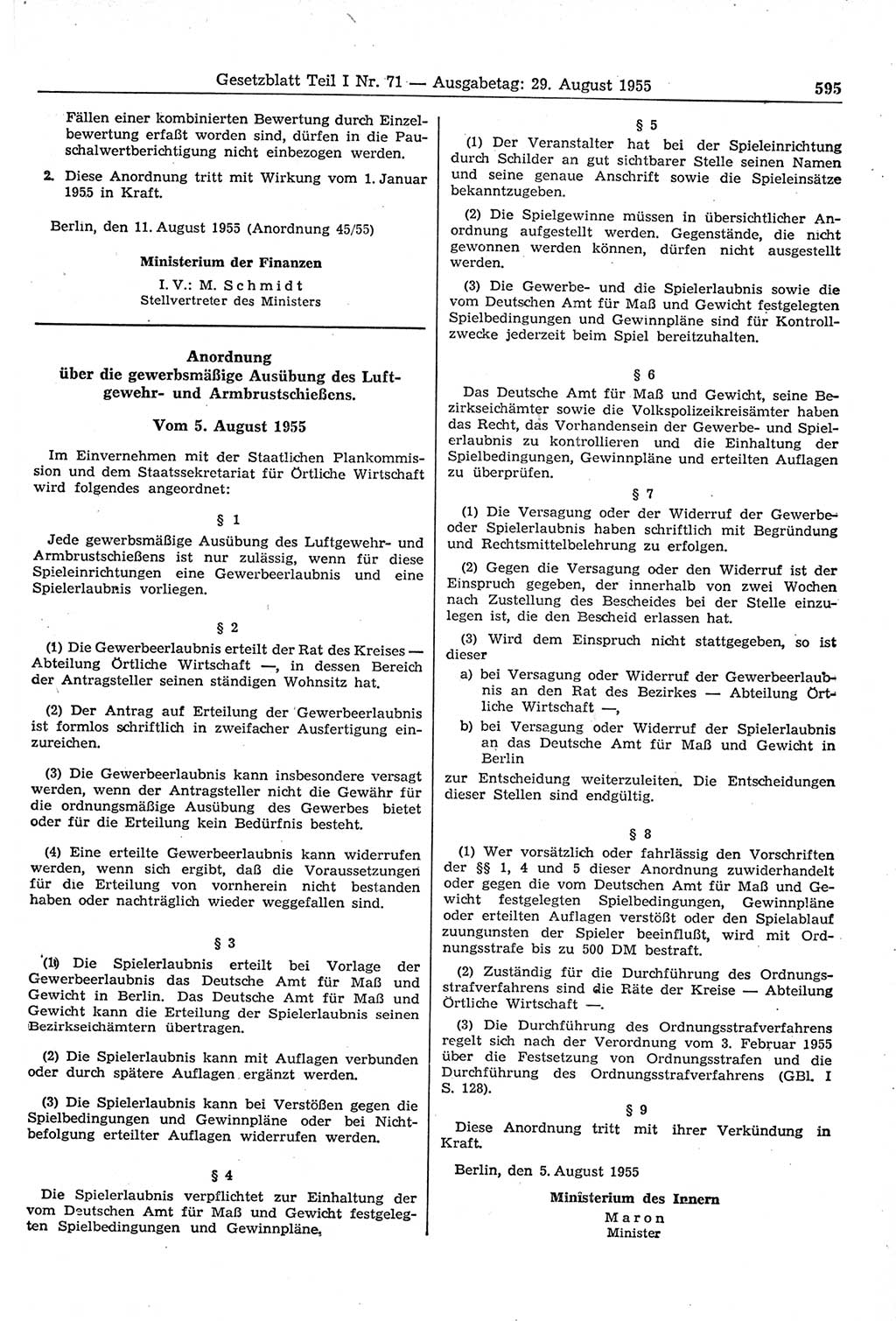 Gesetzblatt (GBl.) der Deutschen Demokratischen Republik (DDR) Teil Ⅰ 1955, Seite 595 (GBl. DDR Ⅰ 1955, S. 595)