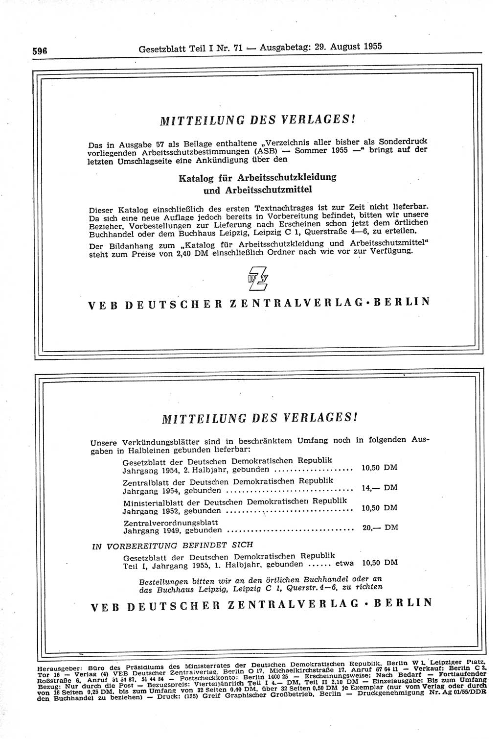 Gesetzblatt (GBl.) der Deutschen Demokratischen Republik (DDR) Teil Ⅰ 1955, Seite 596 (GBl. DDR Ⅰ 1955, S. 596)