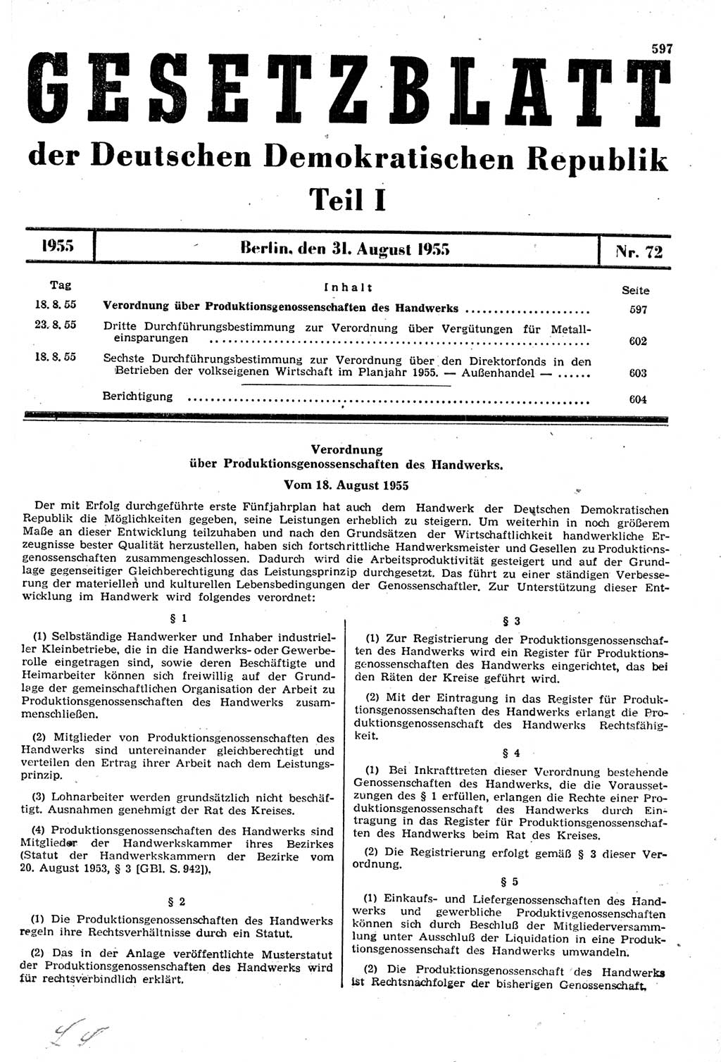 Gesetzblatt (GBl.) der Deutschen Demokratischen Republik (DDR) Teil Ⅰ 1955, Seite 597 (GBl. DDR Ⅰ 1955, S. 597)