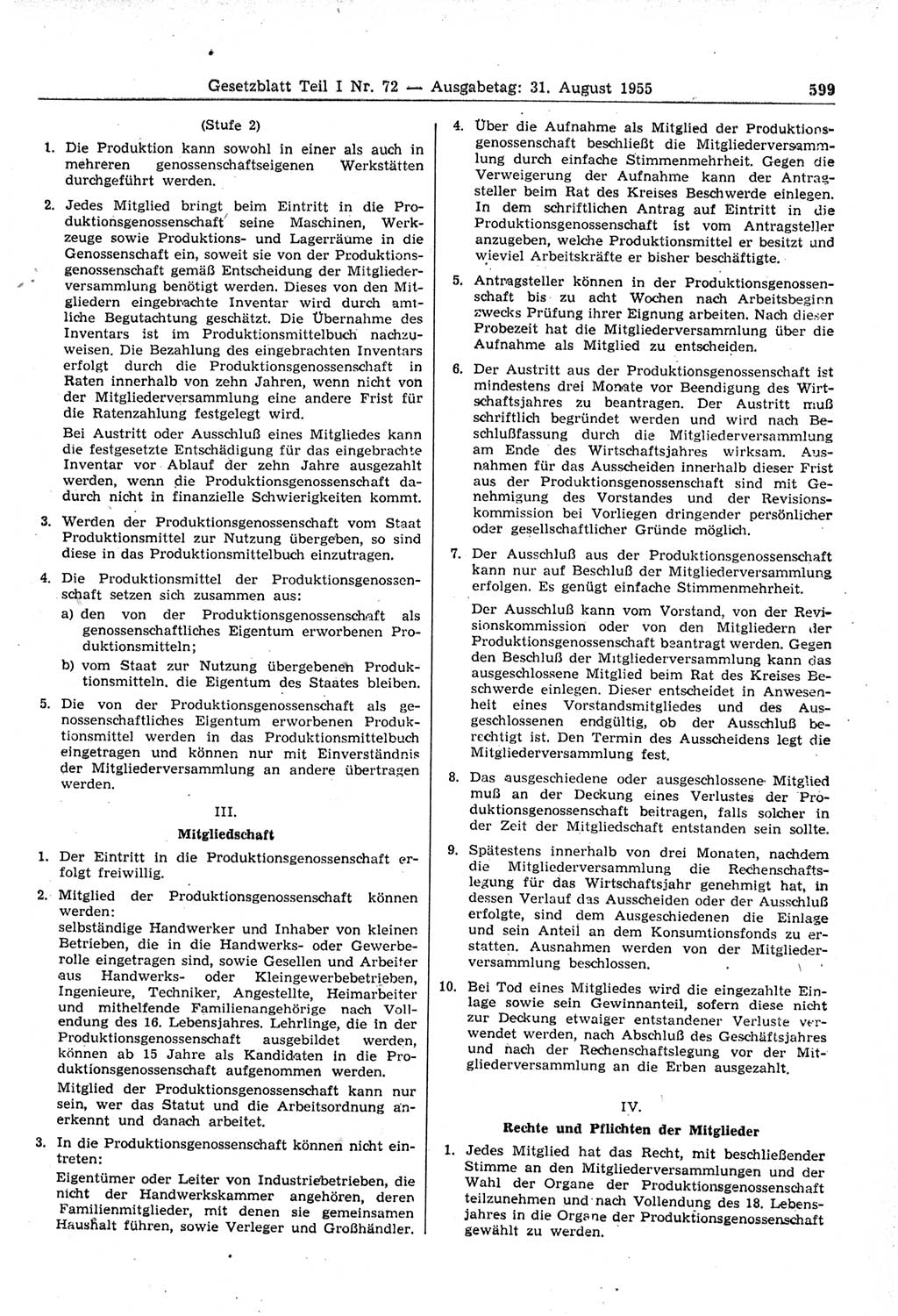Gesetzblatt (GBl.) der Deutschen Demokratischen Republik (DDR) Teil Ⅰ 1955, Seite 599 (GBl. DDR Ⅰ 1955, S. 599)