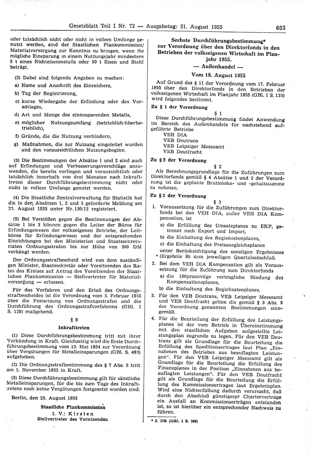 Gesetzblatt (GBl.) der Deutschen Demokratischen Republik (DDR) Teil Ⅰ 1955, Seite 603 (GBl. DDR Ⅰ 1955, S. 603)