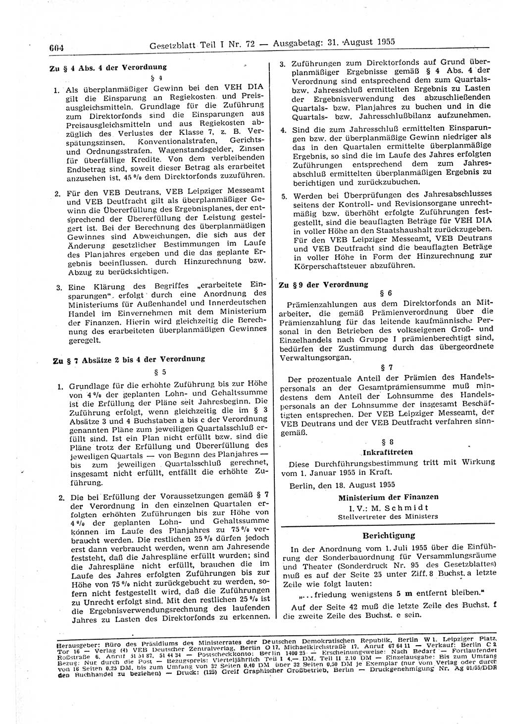 Gesetzblatt (GBl.) der Deutschen Demokratischen Republik (DDR) Teil Ⅰ 1955, Seite 604 (GBl. DDR Ⅰ 1955, S. 604)