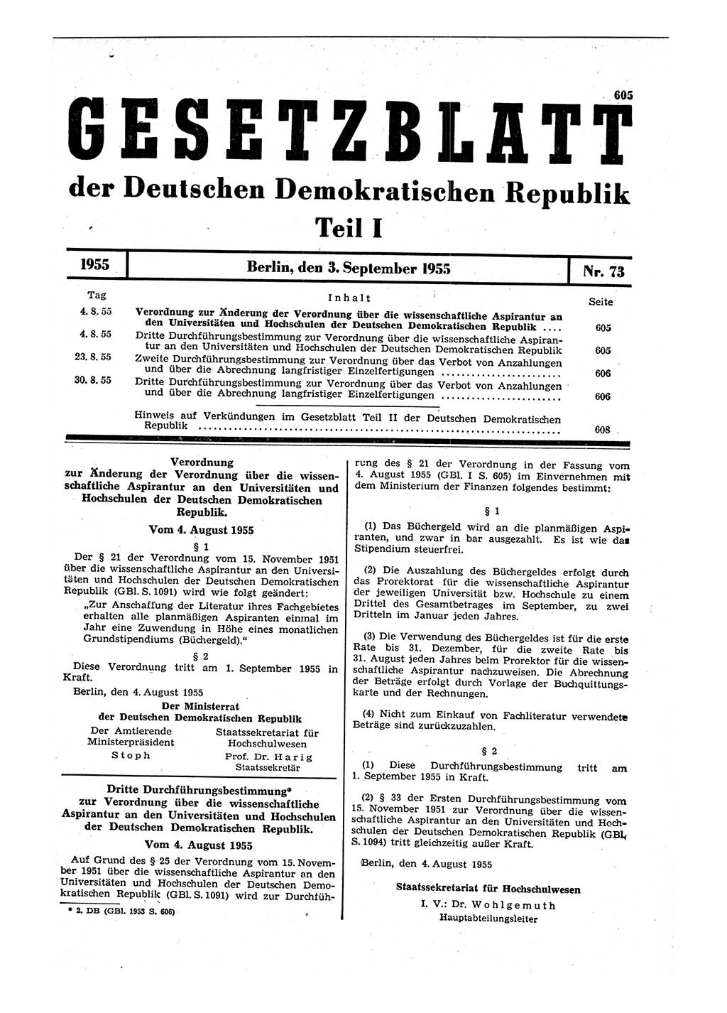 Gesetzblatt (GBl.) der Deutschen Demokratischen Republik (DDR) Teil Ⅰ 1955, Seite 605 (GBl. DDR Ⅰ 1955, S. 605)