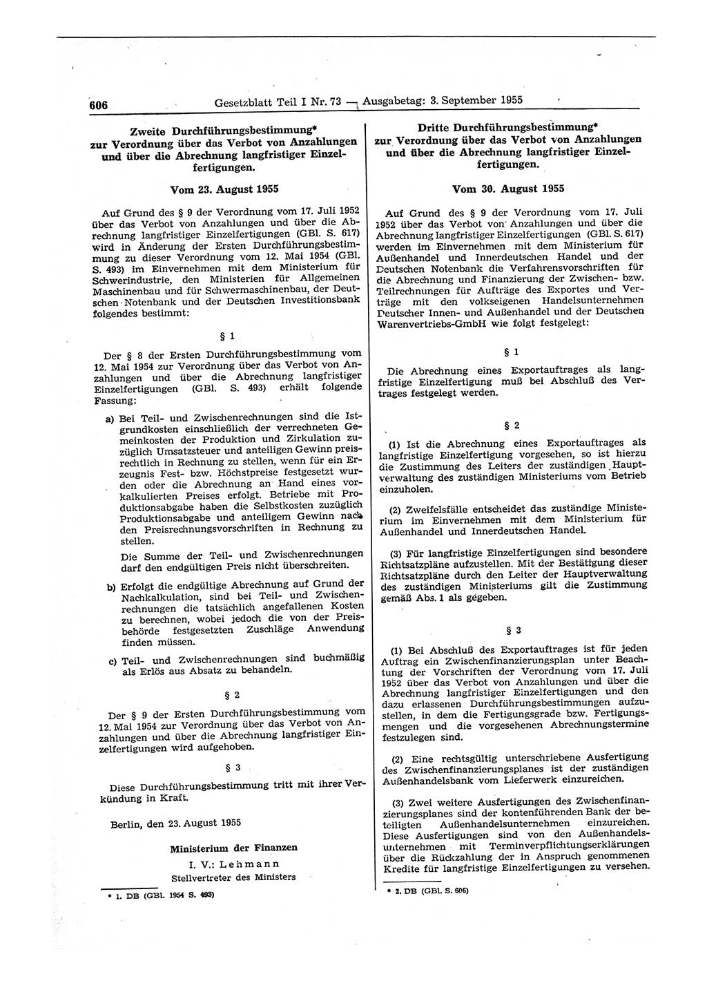 Gesetzblatt (GBl.) der Deutschen Demokratischen Republik (DDR) Teil Ⅰ 1955, Seite 606 (GBl. DDR Ⅰ 1955, S. 606)