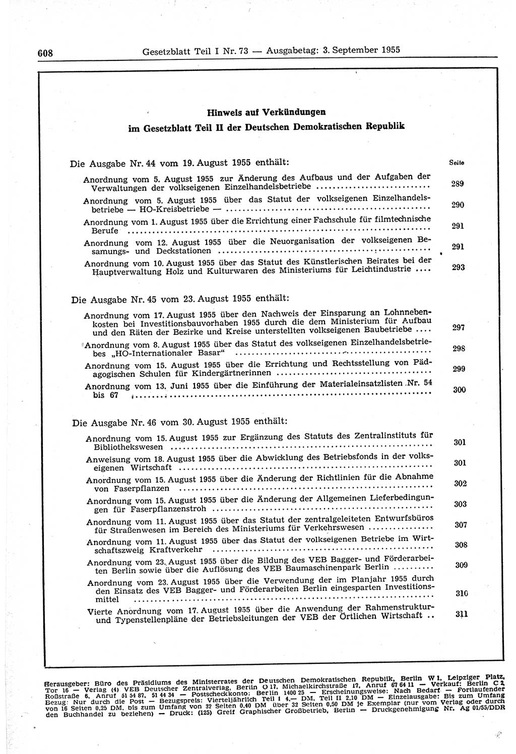 Gesetzblatt (GBl.) der Deutschen Demokratischen Republik (DDR) Teil Ⅰ 1955, Seite 608 (GBl. DDR Ⅰ 1955, S. 608)