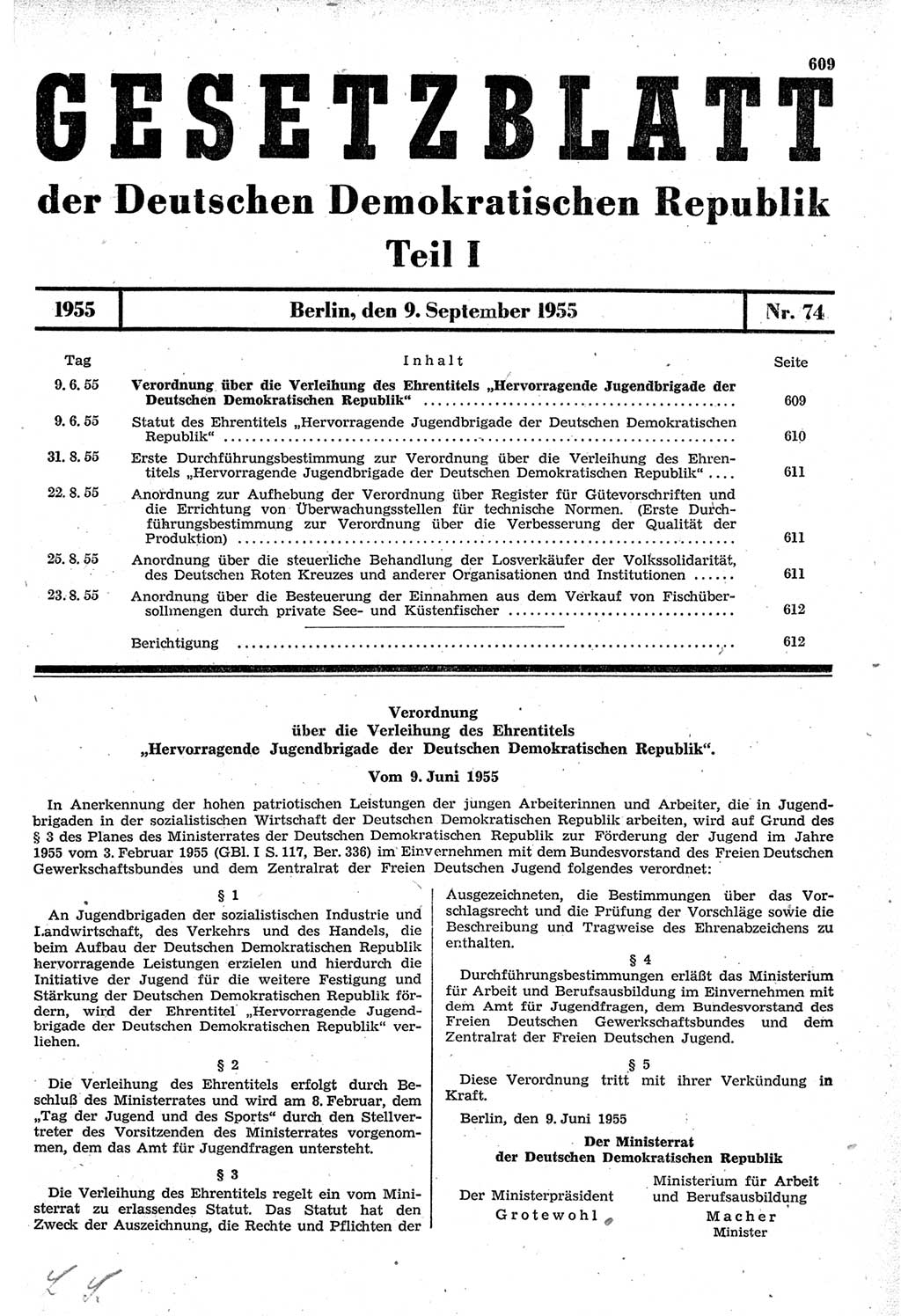 Gesetzblatt (GBl.) der Deutschen Demokratischen Republik (DDR) Teil Ⅰ 1955, Seite 609 (GBl. DDR Ⅰ 1955, S. 609)