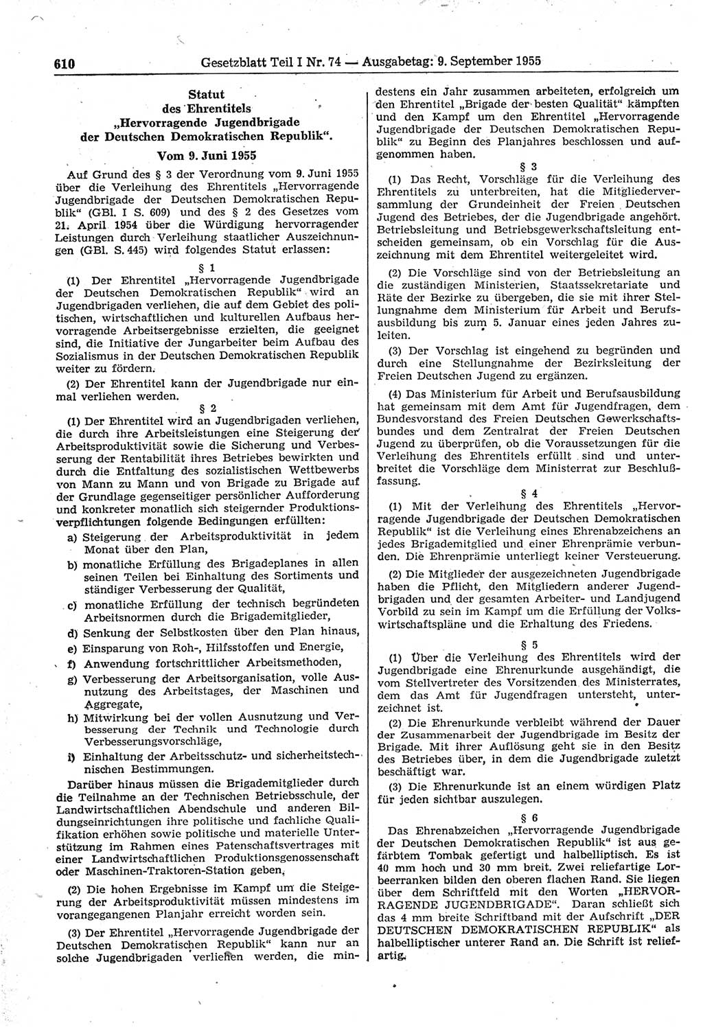 Gesetzblatt (GBl.) der Deutschen Demokratischen Republik (DDR) Teil Ⅰ 1955, Seite 610 (GBl. DDR Ⅰ 1955, S. 610)