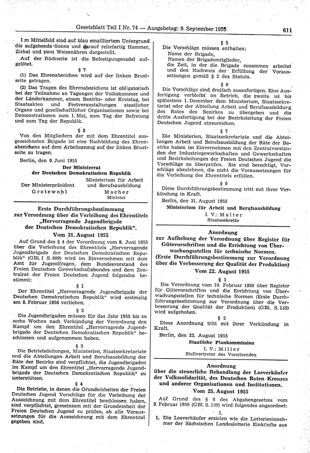 Gesetzblatt (GBl.) der Deutschen Demokratischen Republik (DDR) Teil Ⅰ 1955, Seite 611 (GBl. DDR Ⅰ 1955, S. 611)