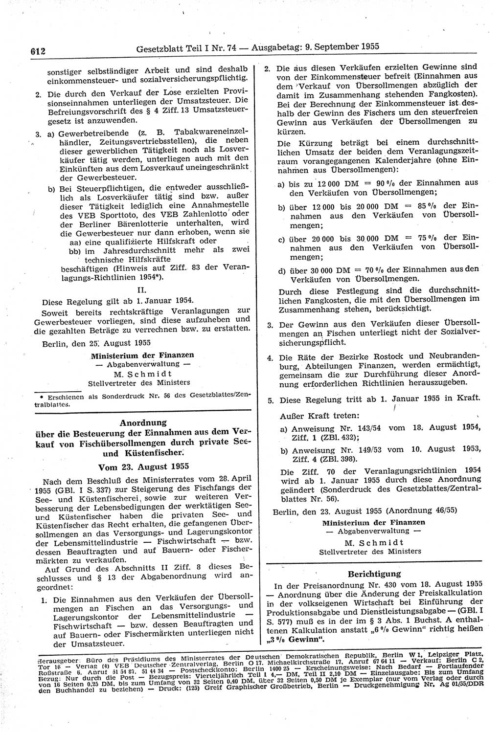 Gesetzblatt (GBl.) der Deutschen Demokratischen Republik (DDR) Teil Ⅰ 1955, Seite 612 (GBl. DDR Ⅰ 1955, S. 612)