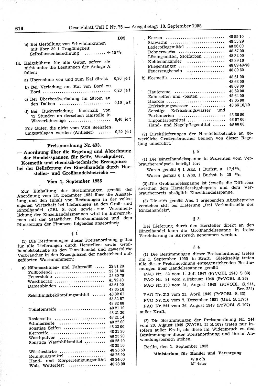 Gesetzblatt (GBl.) der Deutschen Demokratischen Republik (DDR) Teil Ⅰ 1955, Seite 616 (GBl. DDR Ⅰ 1955, S. 616)