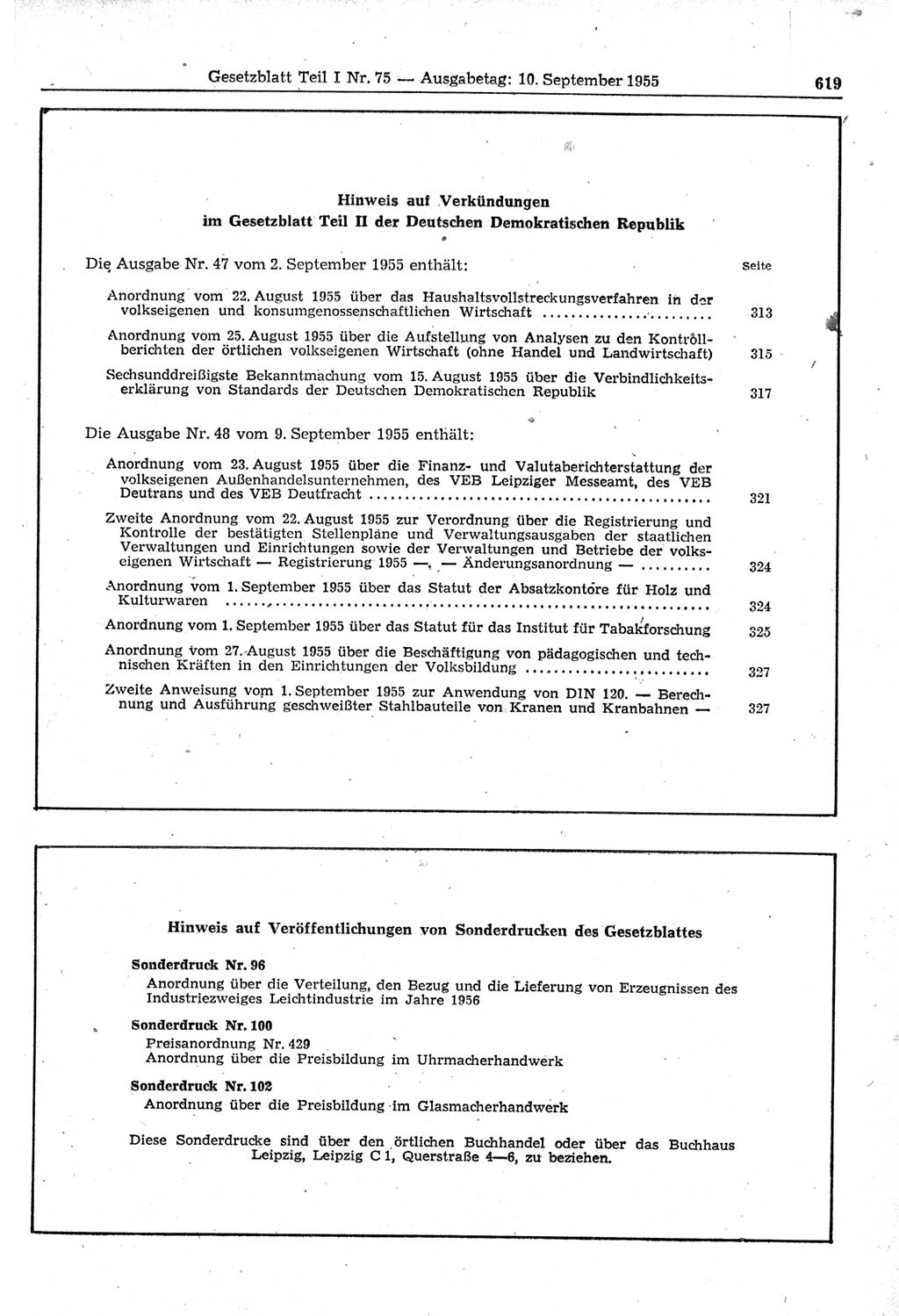 Gesetzblatt (GBl.) der Deutschen Demokratischen Republik (DDR) Teil Ⅰ 1955, Seite 619 (GBl. DDR Ⅰ 1955, S. 619)