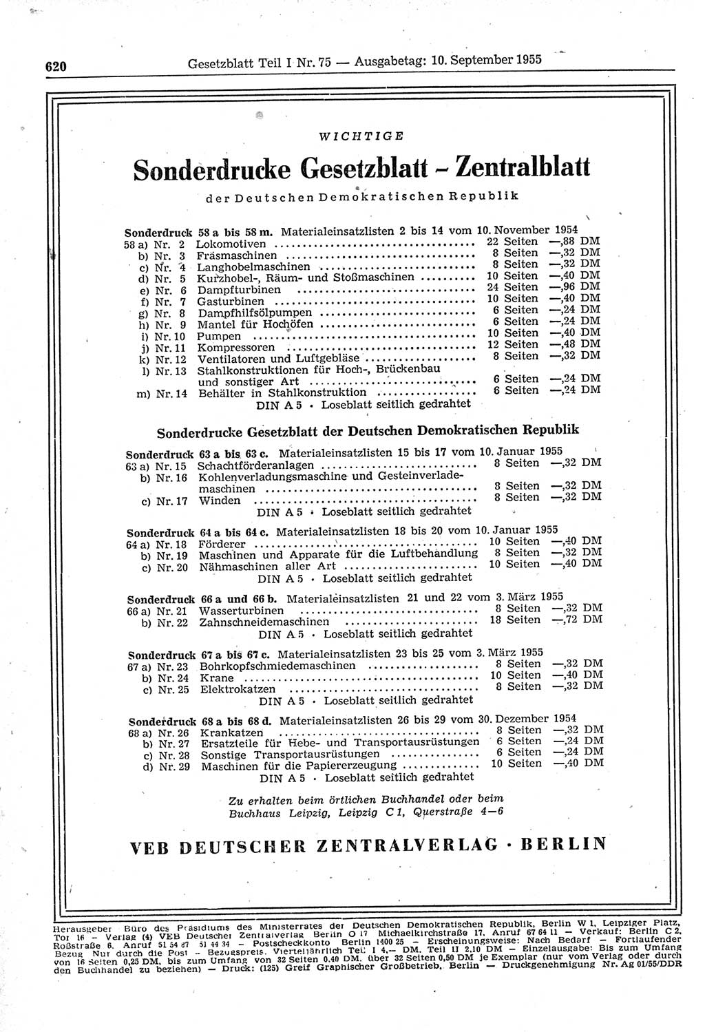 Gesetzblatt (GBl.) der Deutschen Demokratischen Republik (DDR) Teil Ⅰ 1955, Seite 620 (GBl. DDR Ⅰ 1955, S. 620)
