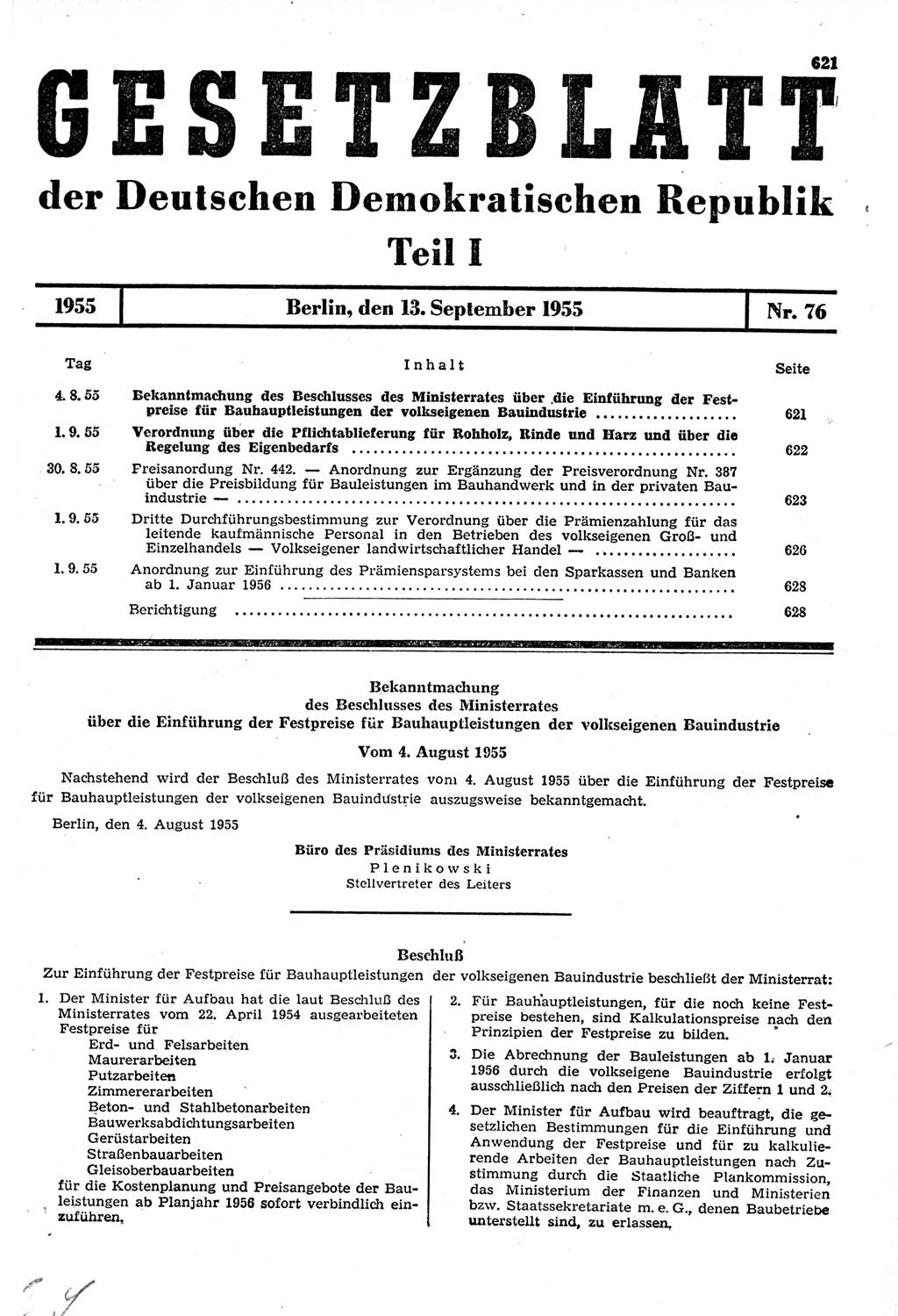 Gesetzblatt (GBl.) der Deutschen Demokratischen Republik (DDR) Teil Ⅰ 1955, Seite 621 (GBl. DDR Ⅰ 1955, S. 621)