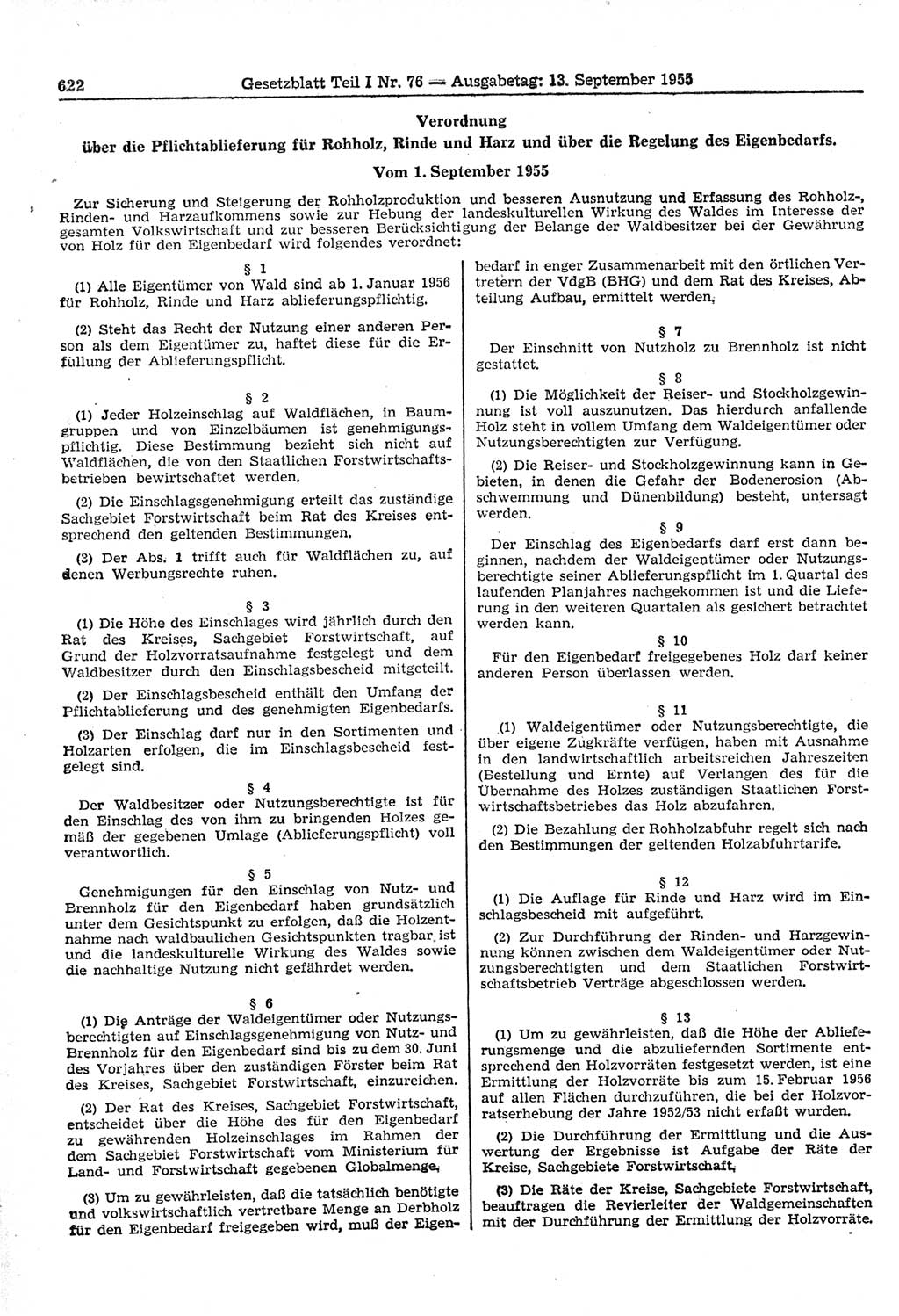 Gesetzblatt (GBl.) der Deutschen Demokratischen Republik (DDR) Teil Ⅰ 1955, Seite 622 (GBl. DDR Ⅰ 1955, S. 622)