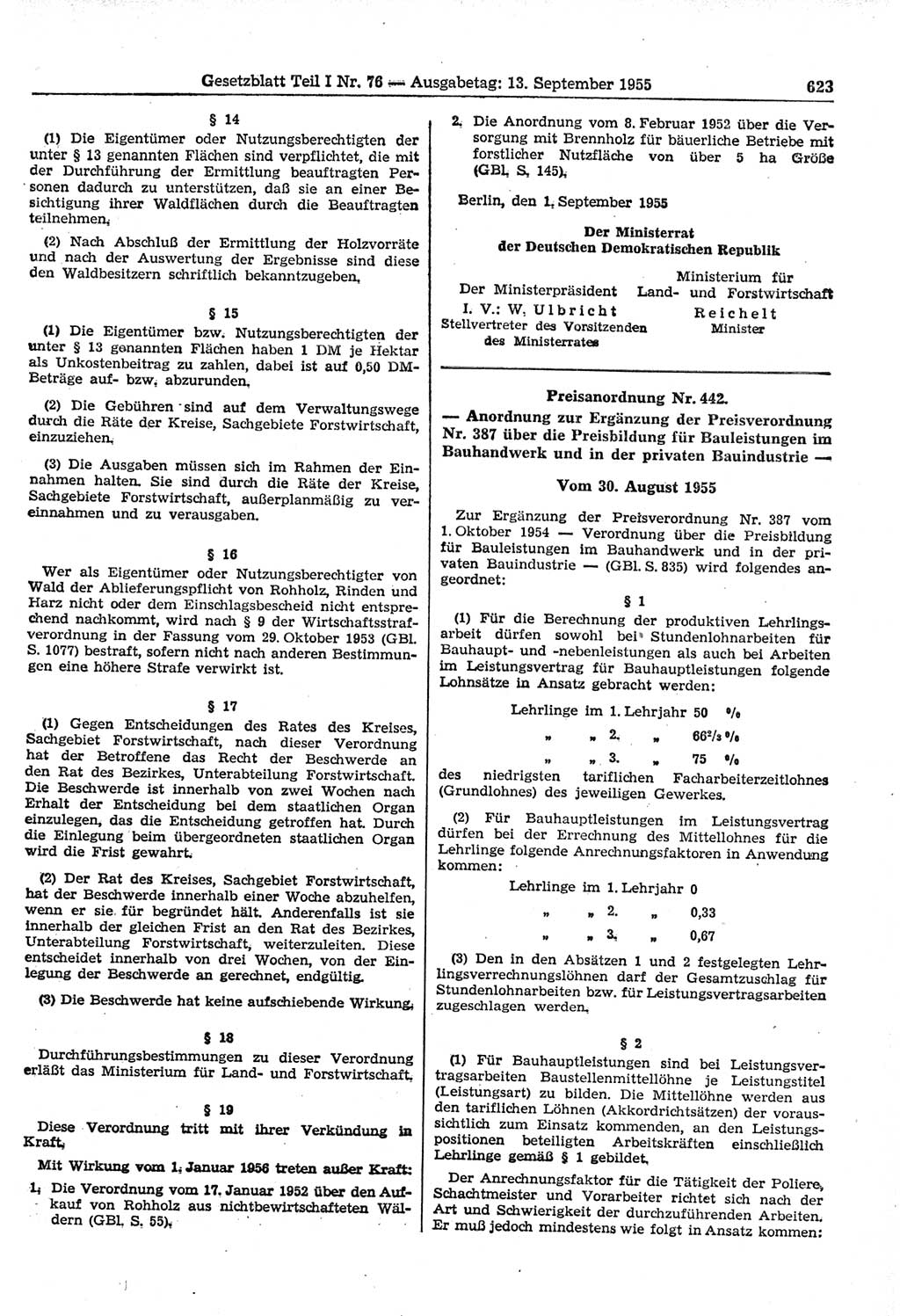 Gesetzblatt (GBl.) der Deutschen Demokratischen Republik (DDR) Teil Ⅰ 1955, Seite 623 (GBl. DDR Ⅰ 1955, S. 623)