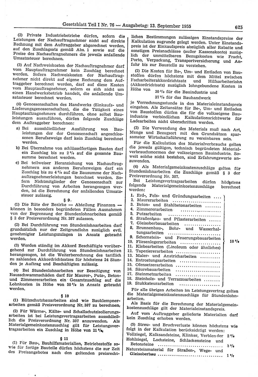 Gesetzblatt (GBl.) der Deutschen Demokratischen Republik (DDR) Teil Ⅰ 1955, Seite 625 (GBl. DDR Ⅰ 1955, S. 625)