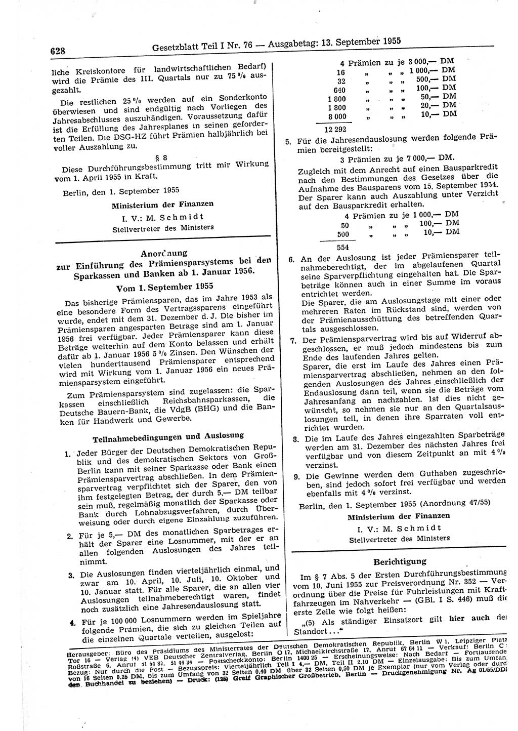 Gesetzblatt (GBl.) der Deutschen Demokratischen Republik (DDR) Teil Ⅰ 1955, Seite 628 (GBl. DDR Ⅰ 1955, S. 628)