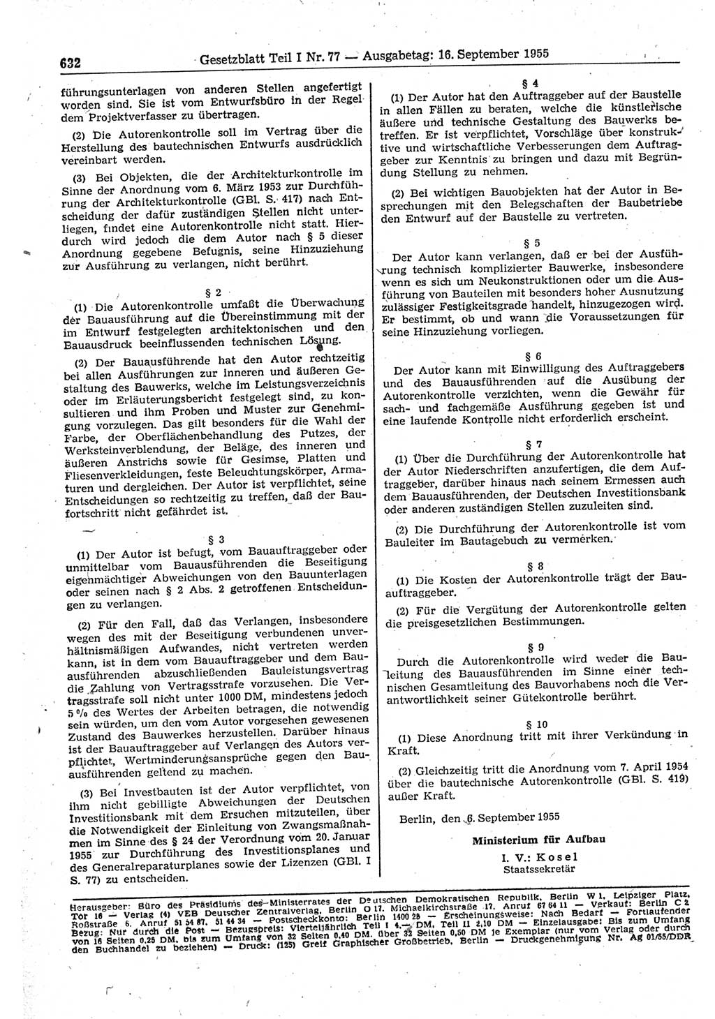Gesetzblatt (GBl.) der Deutschen Demokratischen Republik (DDR) Teil Ⅰ 1955, Seite 632 (GBl. DDR Ⅰ 1955, S. 632)