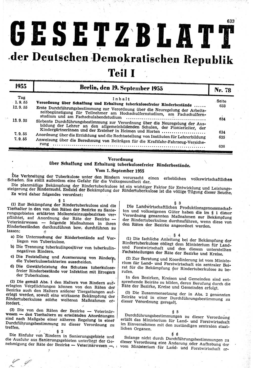 Gesetzblatt (GBl.) der Deutschen Demokratischen Republik (DDR) Teil Ⅰ 1955, Seite 633 (GBl. DDR Ⅰ 1955, S. 633)