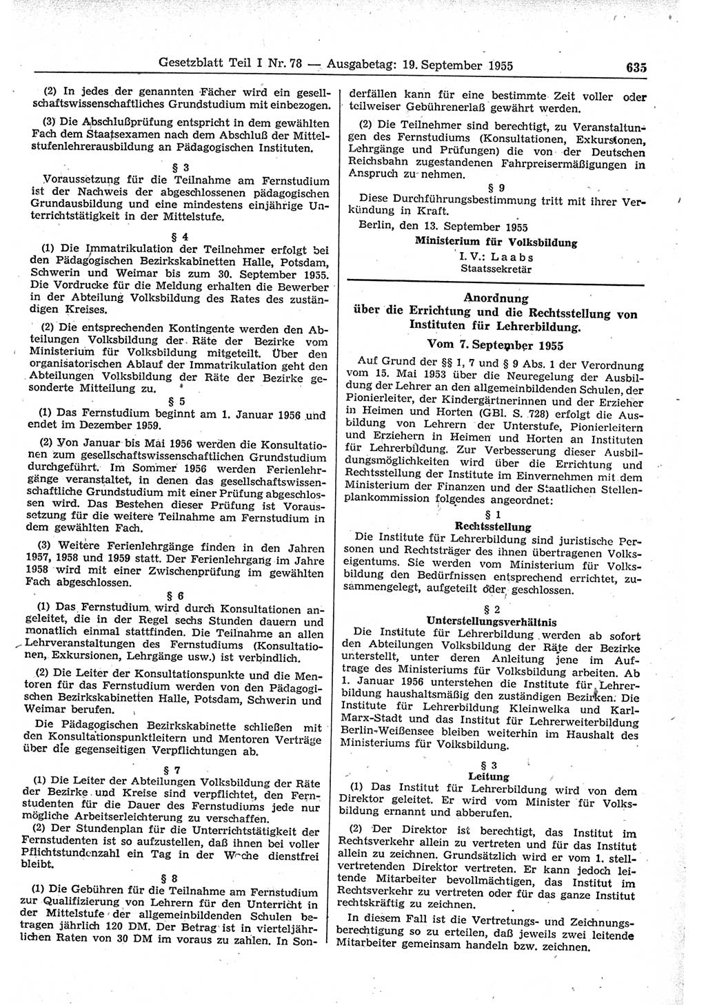 Gesetzblatt (GBl.) der Deutschen Demokratischen Republik (DDR) Teil Ⅰ 1955, Seite 635 (GBl. DDR Ⅰ 1955, S. 635)