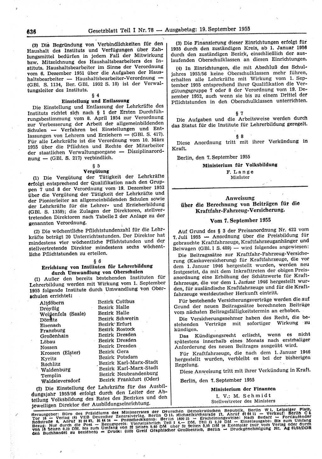 Gesetzblatt (GBl.) der Deutschen Demokratischen Republik (DDR) Teil Ⅰ 1955, Seite 636 (GBl. DDR Ⅰ 1955, S. 636)