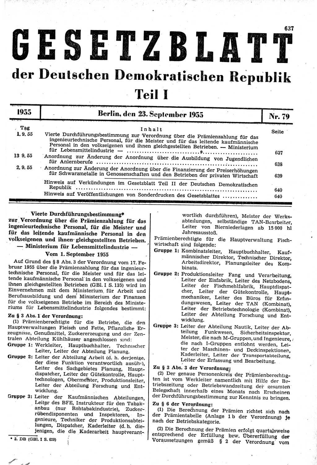 Gesetzblatt (GBl.) der Deutschen Demokratischen Republik (DDR) Teil Ⅰ 1955, Seite 637 (GBl. DDR Ⅰ 1955, S. 637)