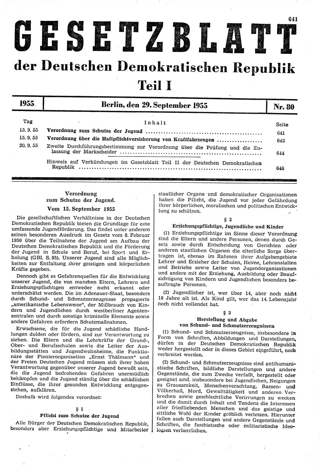 Gesetzblatt (GBl.) der Deutschen Demokratischen Republik (DDR) Teil Ⅰ 1955, Seite 641 (GBl. DDR Ⅰ 1955, S. 641)