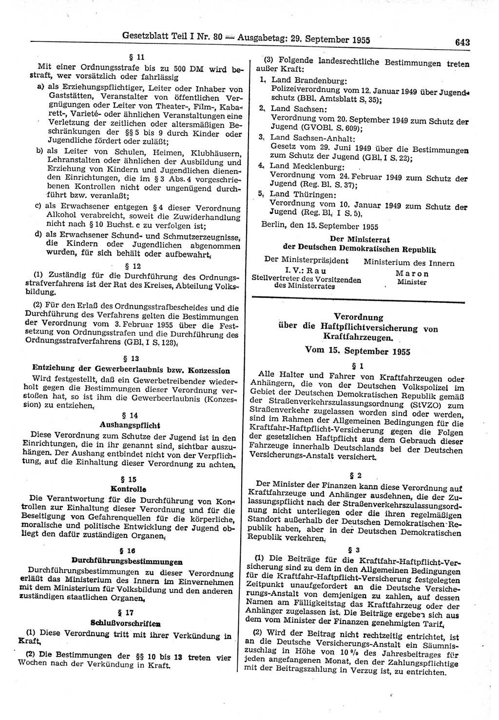 Gesetzblatt (GBl.) der Deutschen Demokratischen Republik (DDR) Teil Ⅰ 1955, Seite 643 (GBl. DDR Ⅰ 1955, S. 643)