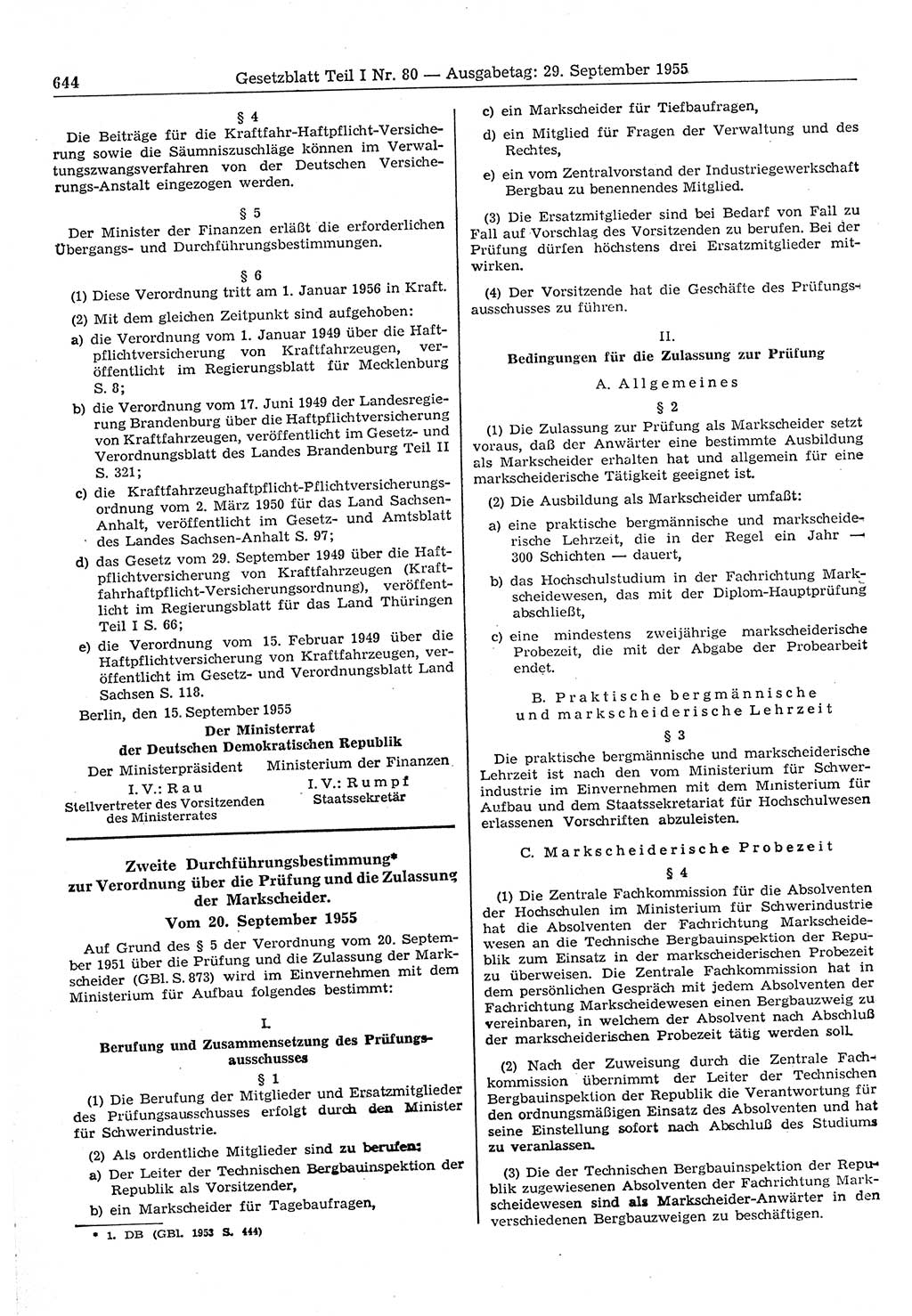 Gesetzblatt (GBl.) der Deutschen Demokratischen Republik (DDR) Teil Ⅰ 1955, Seite 644 (GBl. DDR Ⅰ 1955, S. 644)