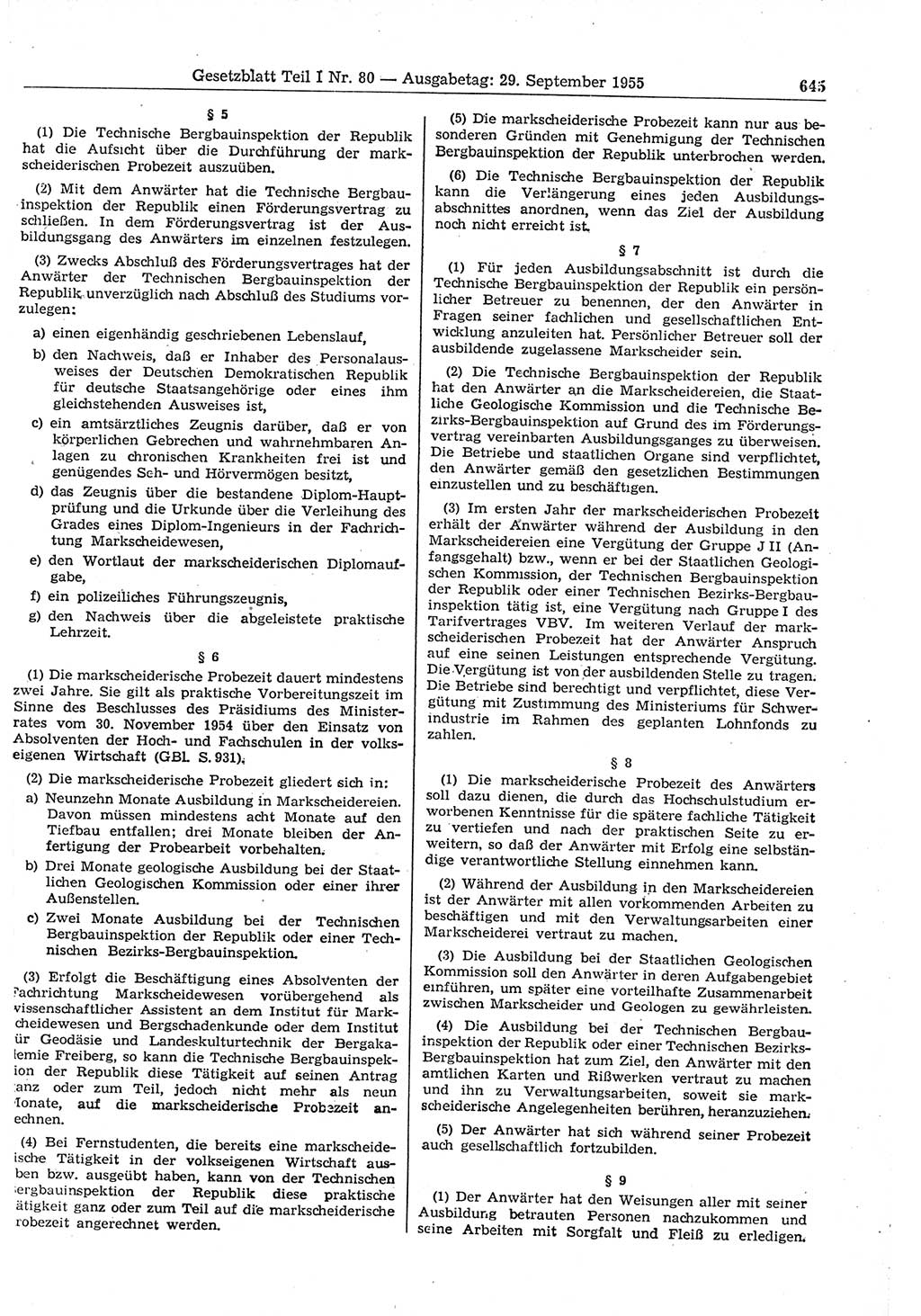 Gesetzblatt (GBl.) der Deutschen Demokratischen Republik (DDR) Teil Ⅰ 1955, Seite 645 (GBl. DDR Ⅰ 1955, S. 645)