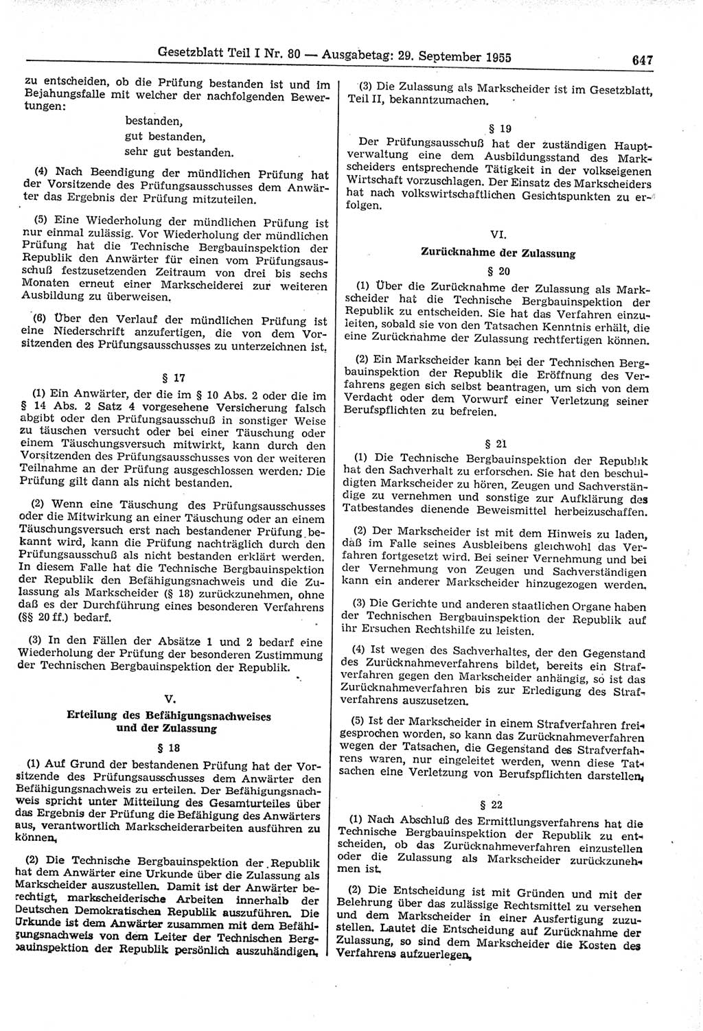 Gesetzblatt (GBl.) der Deutschen Demokratischen Republik (DDR) Teil Ⅰ 1955, Seite 647 (GBl. DDR Ⅰ 1955, S. 647)