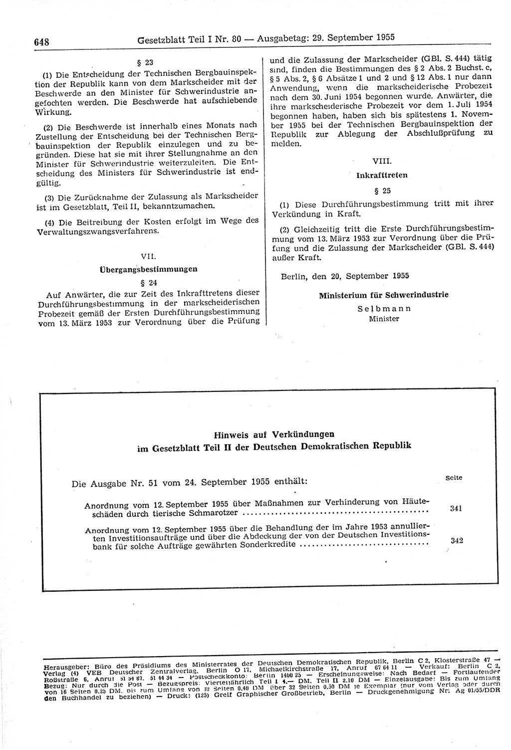 Gesetzblatt (GBl.) der Deutschen Demokratischen Republik (DDR) Teil Ⅰ 1955, Seite 648 (GBl. DDR Ⅰ 1955, S. 648)