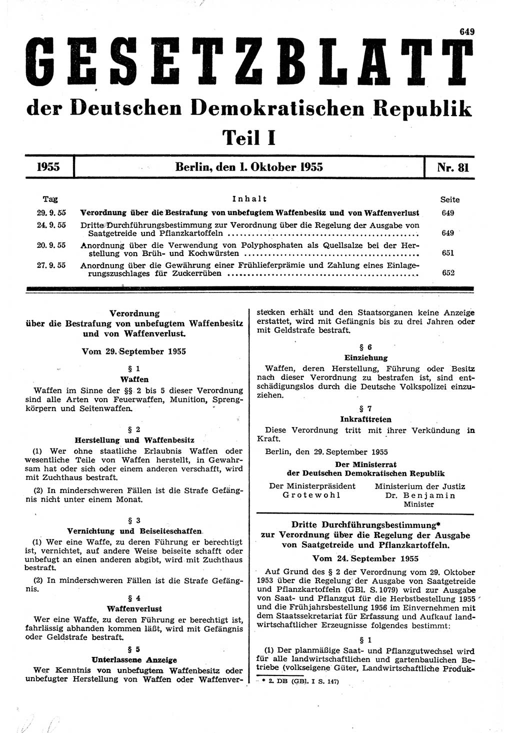 Gesetzblatt (GBl.) der Deutschen Demokratischen Republik (DDR) Teil Ⅰ 1955, Seite 649 (GBl. DDR Ⅰ 1955, S. 649)