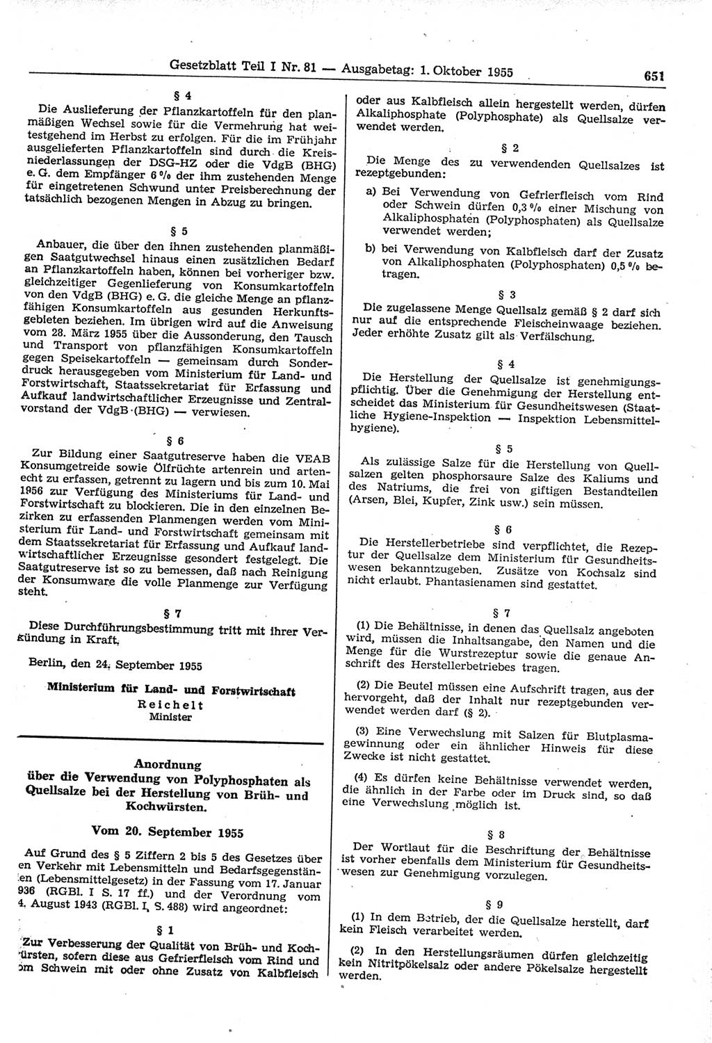 Gesetzblatt (GBl.) der Deutschen Demokratischen Republik (DDR) Teil Ⅰ 1955, Seite 651 (GBl. DDR Ⅰ 1955, S. 651)